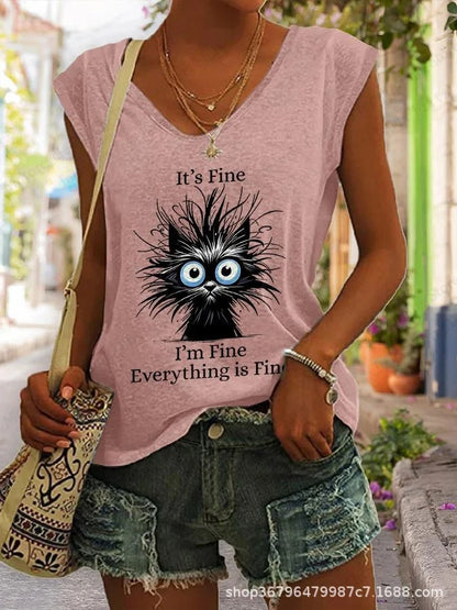 Summer New Women T-shirt Cute Cat 3d Fitness Tank Top Camisole Women Fashion V-Neck Short Sleeve T shirt Ladies Tops Tees Kawaii A3KF5A251914P