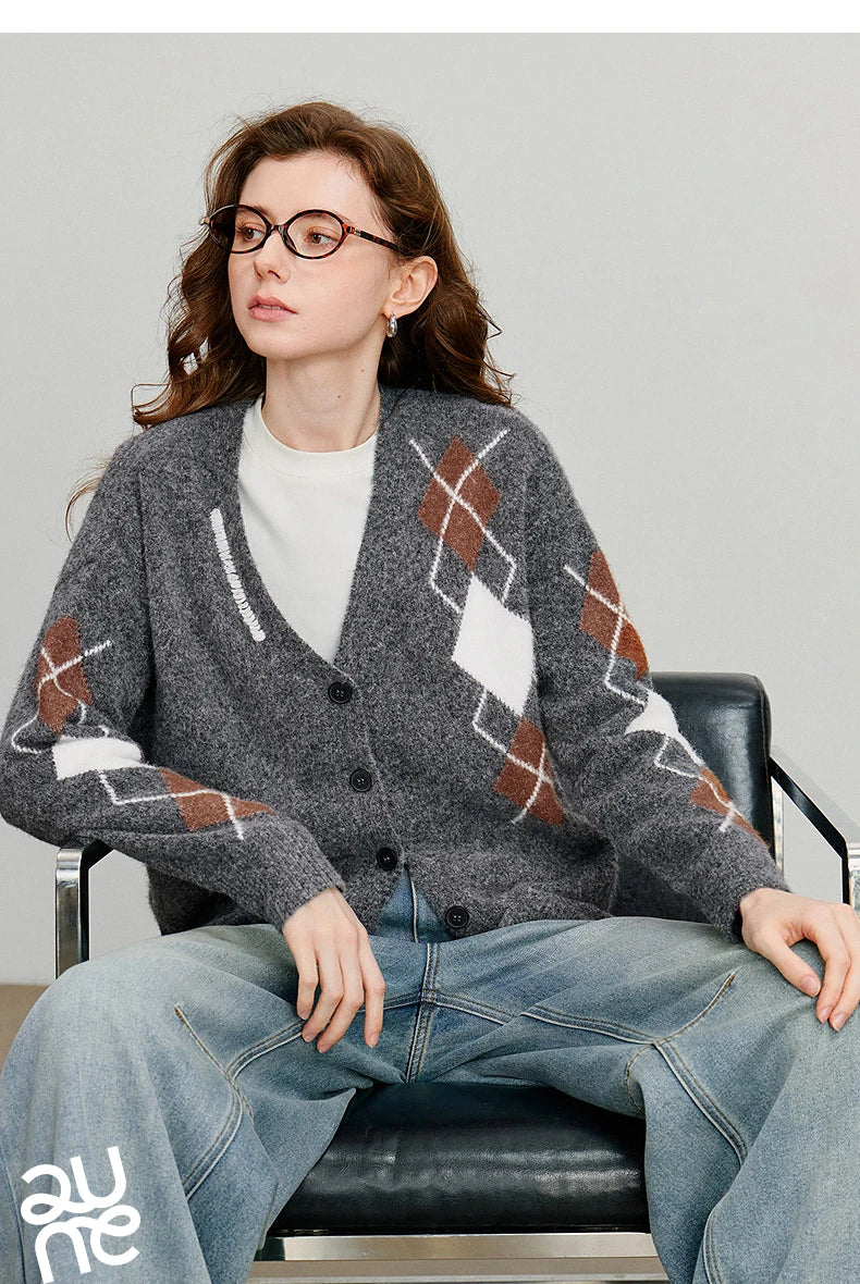 TOYOUTH Women Knitted Sweater 2025 Autumn New Grid Pattern V Neck Single Breasted Button Knitted Cardigan Coat Gray