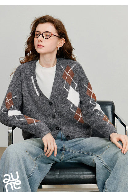 TOYOUTH Women Knitted Sweater 2025 Autumn New Grid Pattern V Neck Single Breasted Button Knitted Cardigan Coat Gray