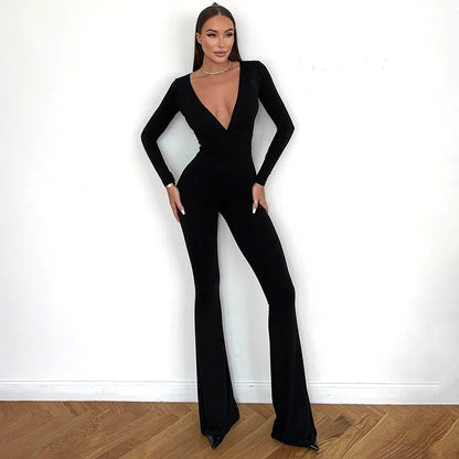 2025 Women Autumn Black Long Sleeve V Neck Jumpsuits Streetwear Bodycon Sexy Sporty Casual Rompers Fashion Overall Body Tops Badiee Stylez