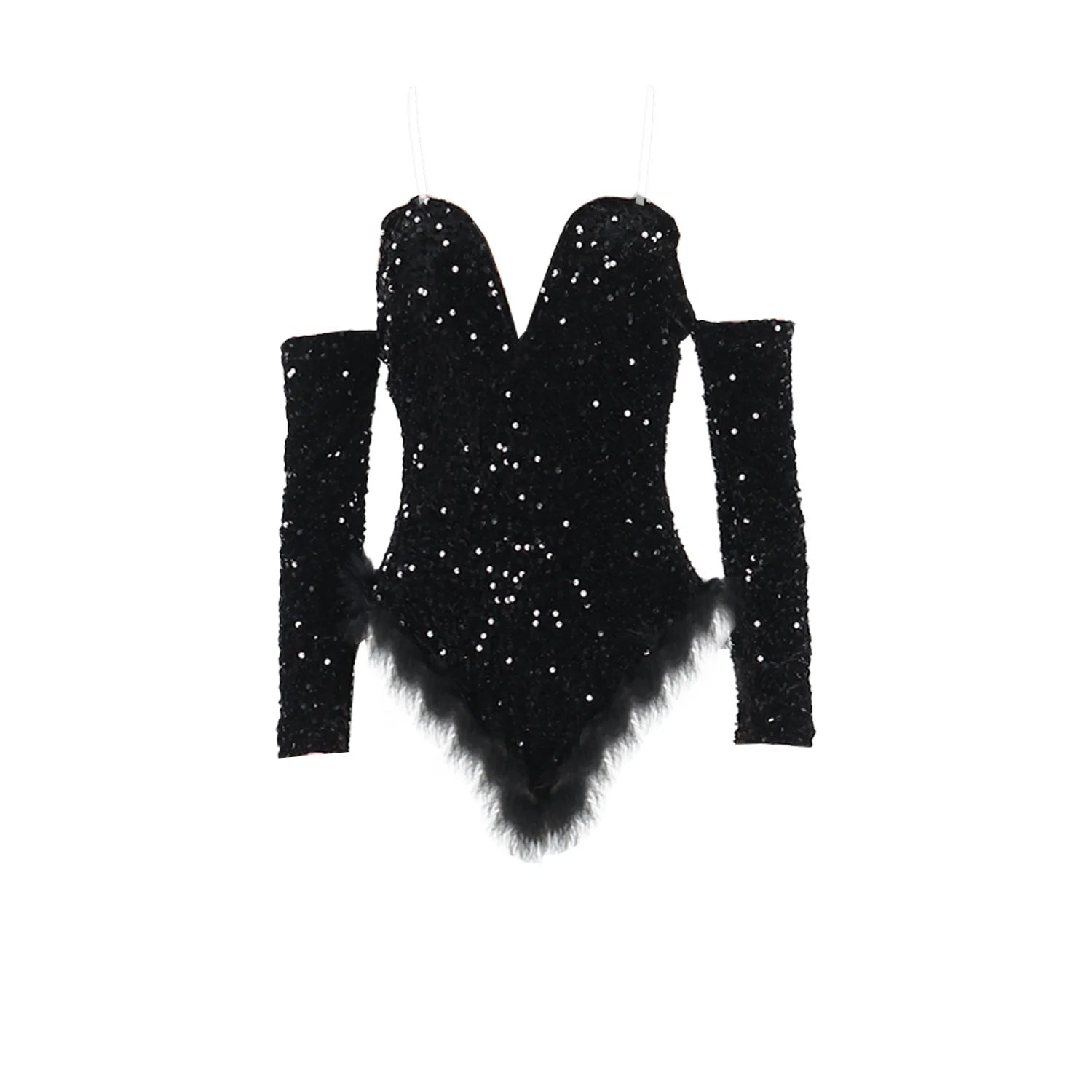 Women's Elegant Sequined Feather Slim Patchwork Bodysuits Spring Summer New Sexy Bodysuits Women Long Sleeve Backless Bodysuits