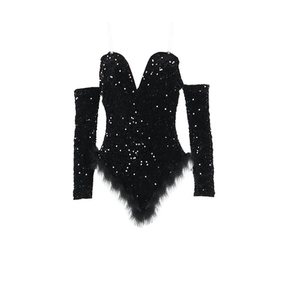 Women's Elegant Sequined Feather Slim Patchwork Bodysuits Spring Summer New Sexy Bodysuits Women Long Sleeve Backless Bodysuits