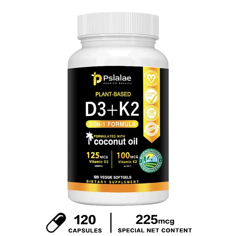 Vitamin D3+K2 Supplement 5000IU Vitamin D3 and K2 (MK-7) Capsules for Bone, Heart, Muscle, Immune Support 120 Capsules