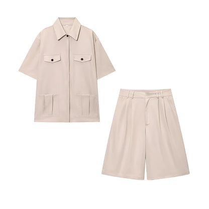 TFMLN Spring Summer New 2pcs Sets 2025 Women Solid Color Short Sleeve Shirts Pockets Tops Casual Shorts Sets GRAY