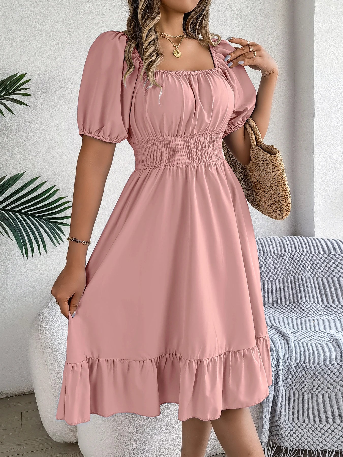 Spring and Summer Elegant High Waisted Dress Square Neck Short Sleeved Ruffled Edge Long Dresses for Women Badiee Stylez