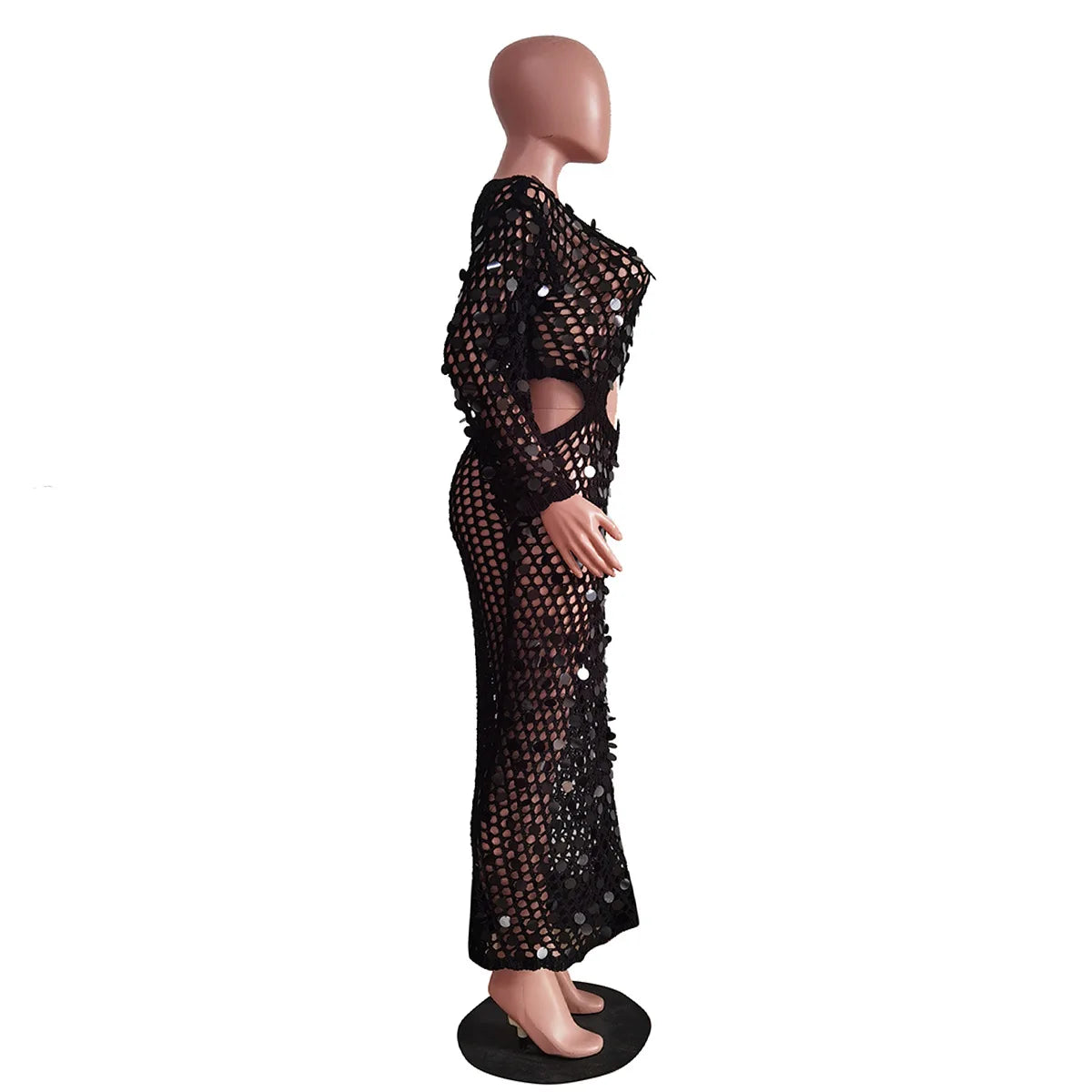 Joskaa Fishnet Knitting Hollow Sequins Maxi Dress Sexy See Through Holiday Long Sleeve Slim Summer 2023 Vacation Beach Dresses