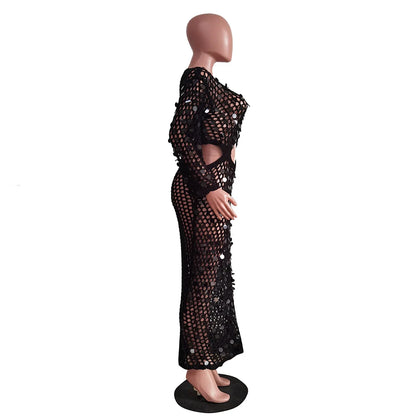 Joskaa Fishnet Knitting Hollow Sequins Maxi Dress Sexy See Through Holiday Long Sleeve Slim Summer 2023 Vacation Beach Dresses