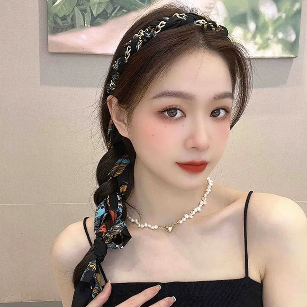 Retro Silk Scarf Headband Floral Print Pearl Braided Hairband Adjustable Bow Non Slip Ribbon Hairband for Women Girls Kid