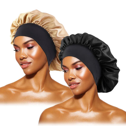 Women's Satin Solid Bonnets Wide-brimmed Night Sleeping Bathing Hat Unisex Head Wrap Elastic Band Cap Hair Care Bonnet black gold One Size