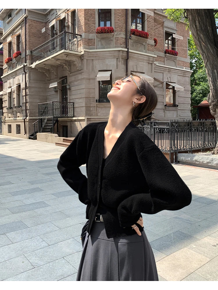 AOSSVIAO Knitted Casual Cardigan 2025 Autumn Winter Elegance Solid Color V-neck Sweater Unique and Niche Slim Fit Tops Badiee Stylez