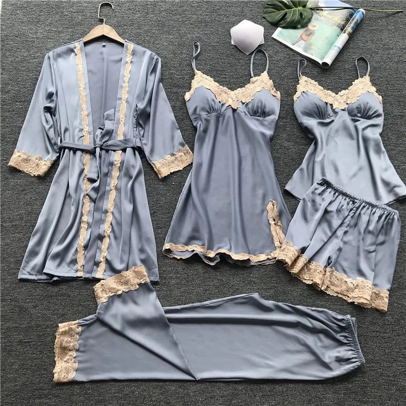 Pajamas Five Piece Set Sexy Lace Trim Nightgown Nightwear Spring Summer Women Bath Robe Loose Silk Satin Home Wear Pijamas Suit Gray 5PCS Set C