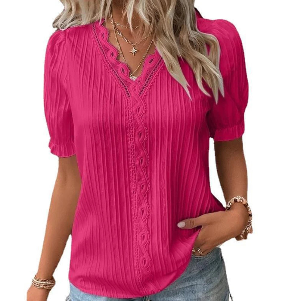 Sexy V Neck Patchwork Blouse Shirts Summer Female Short Lantern Sleeve Holiday Loose Blouse Tops SZE-ST23053