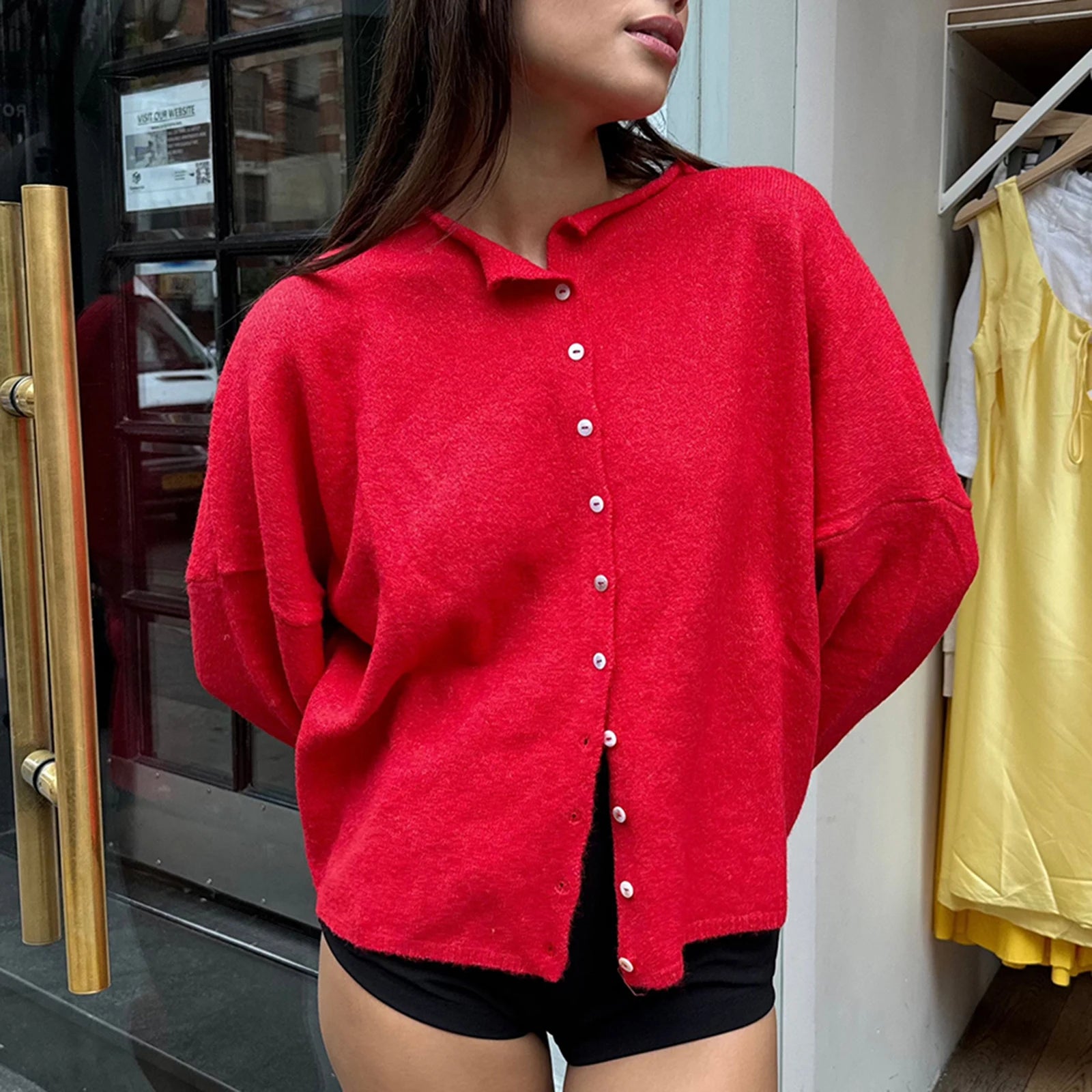 Combhasaki Women's Y2K Chic Solid Color Knitwear Cardigan Fuzzy Long Sleeve Button-down Front Closure Loose Fit Basic Sweaters