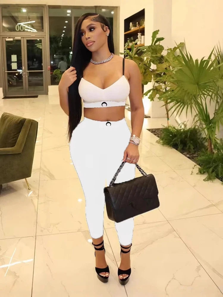 STYLISH LADY Letter Printed Workout 2 Piece Set Women Spaghetti Strap Crop Top and Skinny Pant Suits 2025 Summer Sports Outfits