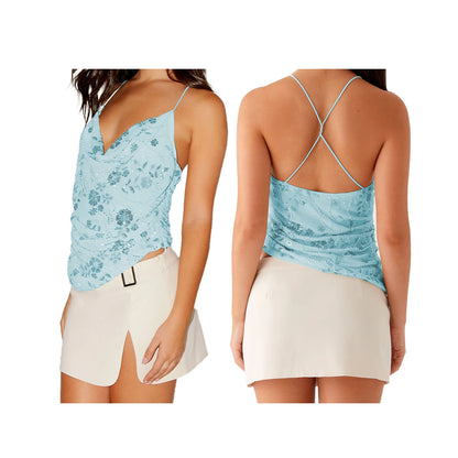 Combhasaki Women Summer Sleeveless Beading Camis Top V-neck Tie-up Cross Backless Pearl Glitter Sequin Flower Embroideried Vest Draped Blue