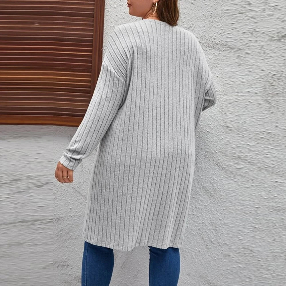 Plus Size Women's Solid Ribbed Long Sleeve Pockets Cardigan Tops Spring Autumn Ladies Casual Coatigan Outwear Size 1XL-5XL