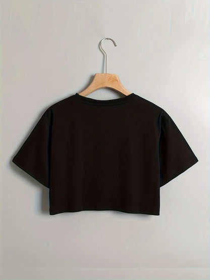 Cotton Blend Short Sleeve ME Letter Print Crop T-Shirt - Soft Semi-Sheer Micro Elasticity Crew Neck Sexy Style