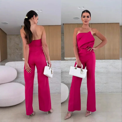 Women's Jumpsuits 2025 New in Summer Fashion Casual Office Lady Solid Color Tight Low Back High-waisted Wide-leg Jumpsuit Badiee Stylez