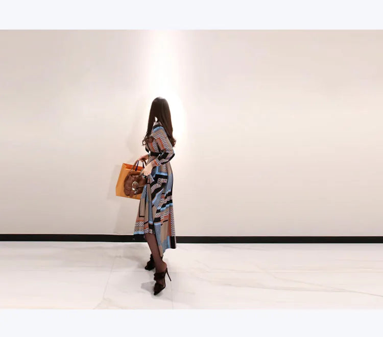 H Han Queen Vintage Print Elegant Long Dress Women Spring Single-breasted Shirt Dresses Waist Swing Ankle-length Vestidos