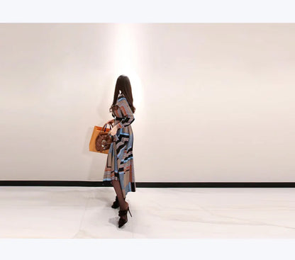 H Han Queen Vintage Print Elegant Long Dress Women Spring Single-breasted Shirt Dresses Waist Swing Ankle-length Vestidos