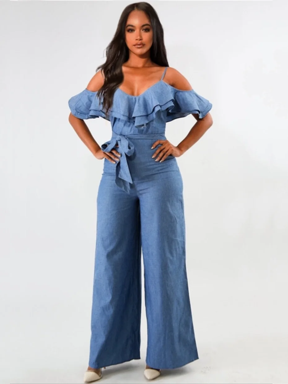 Women's Sexy Denim Jumpsuit, Ruffled Straps Romper with Belt, Loose Fit Long Pants, Summer Fashion Outfit Badiee Stylez