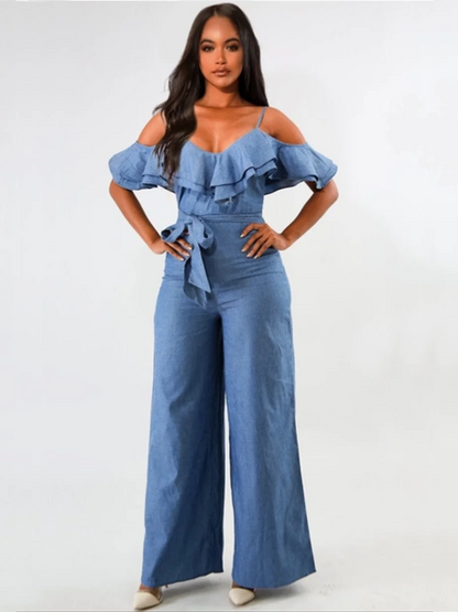 Women's Sexy Denim Jumpsuit, Ruffled Straps Romper with Belt, Loose Fit Long Pants, Summer Fashion Outfit Badiee Stylez