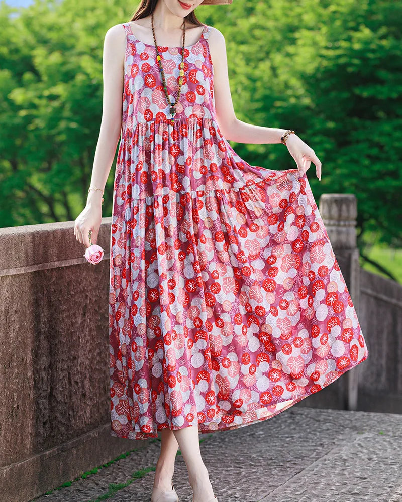 New Fashion Casual 2025 Summer Elegant Dresses For Women O-Neck Print Vintage Sleeveless Dress Loose Women Clothing color 1