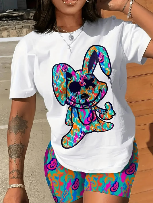 Plus Size Women's Cartoon Rabbit Print T-shirt, Casual Crew Neck Short Sleeve Summer T-shirt, Ladies Cute O-Neck Clothing T1223-026