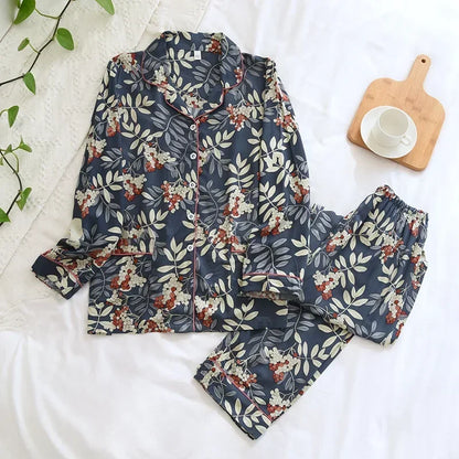 Spring and autumn ladies cute cartoon floral viscose fiber pajamas two-piece long-sleeved home service cotton summer thin shorts 009