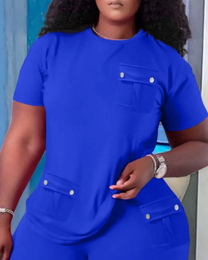 Women Two Piece Shorts Sets Solid Round Neck T Shirts Pockets Elastic Waist Short Trousers Suits Leisure Ladies 2025 Summer