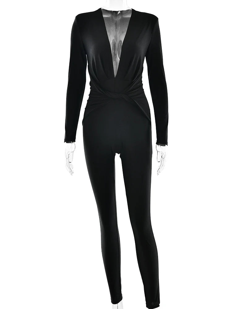 JUISSA MO Sexy Deep V-neck Ruched Women Jumpsuit Long Sleeve High Waist Playsuit Female Winter Bodycon Elegant Sporty Clothing Badiee Stylez