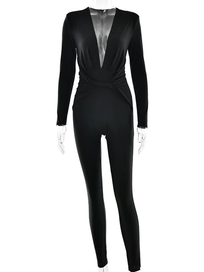 JUISSA MO Sexy Deep V-neck Ruched Women Jumpsuit Long Sleeve High Waist Playsuit Female Winter Bodycon Elegant Sporty Clothing Badiee Stylez