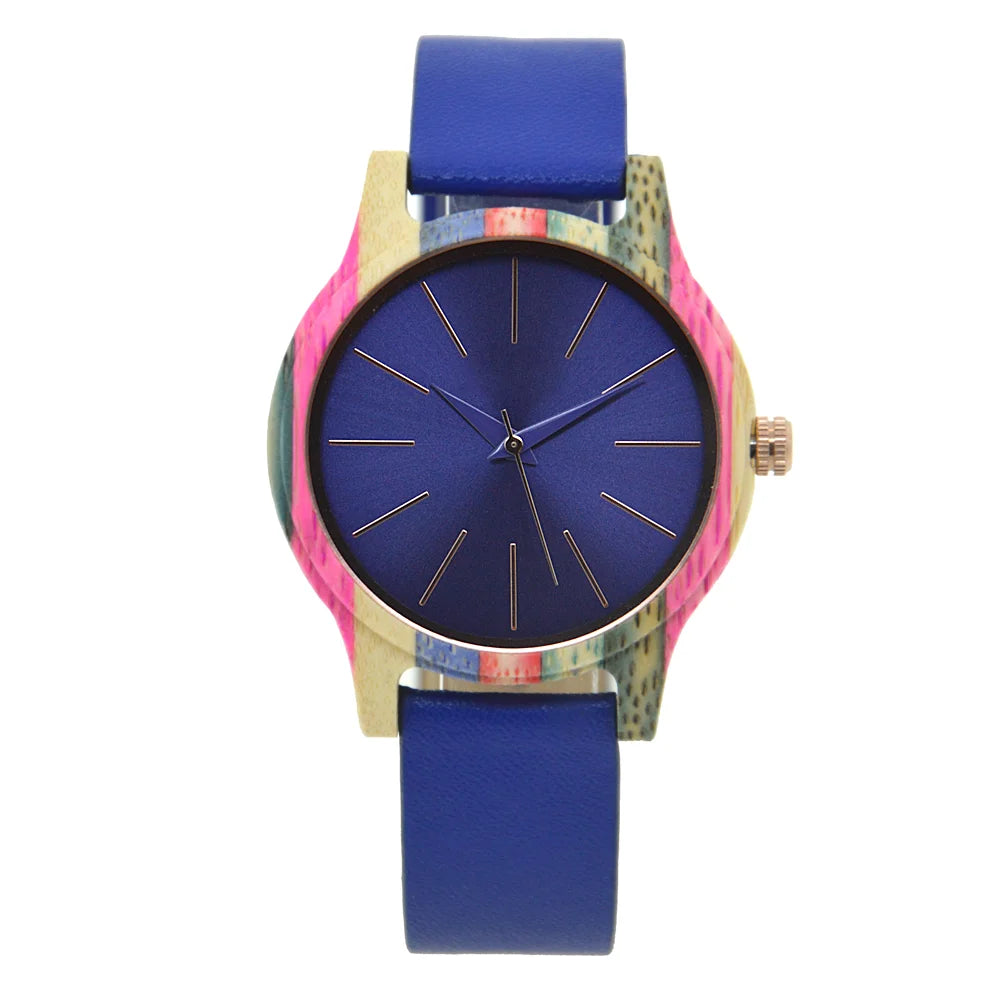 Mens Womens 40mm Big Neutral Colouful Bamboo Wooden Watch Unisex Japan Analog Quartz Leather Strap Casual Watches