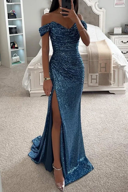 Womens Dresses New Party Sequin One Line Neckline Slit Dress Casual Fashion Dress for Women