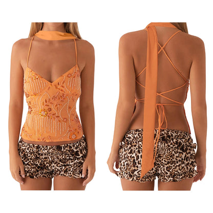 Combhasaki Women Summer Sleeveless Beading Camis Top V-neck Tie-up Cross Backless Pearl Glitter Sequin Flower Embroideried Vest Orange with Scarf