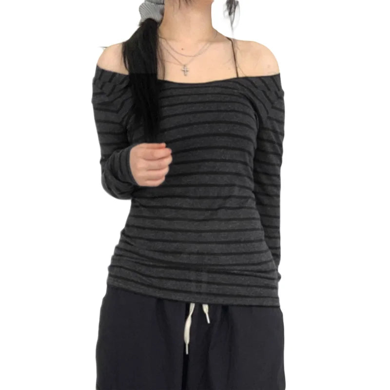 Lamuusaa Grunge Top y2k Clothes Women Cybercore Striped Off Shoulder Long Sleeve T Shirt 2000s Gothic Clothing Fall Streetwear As photo shows