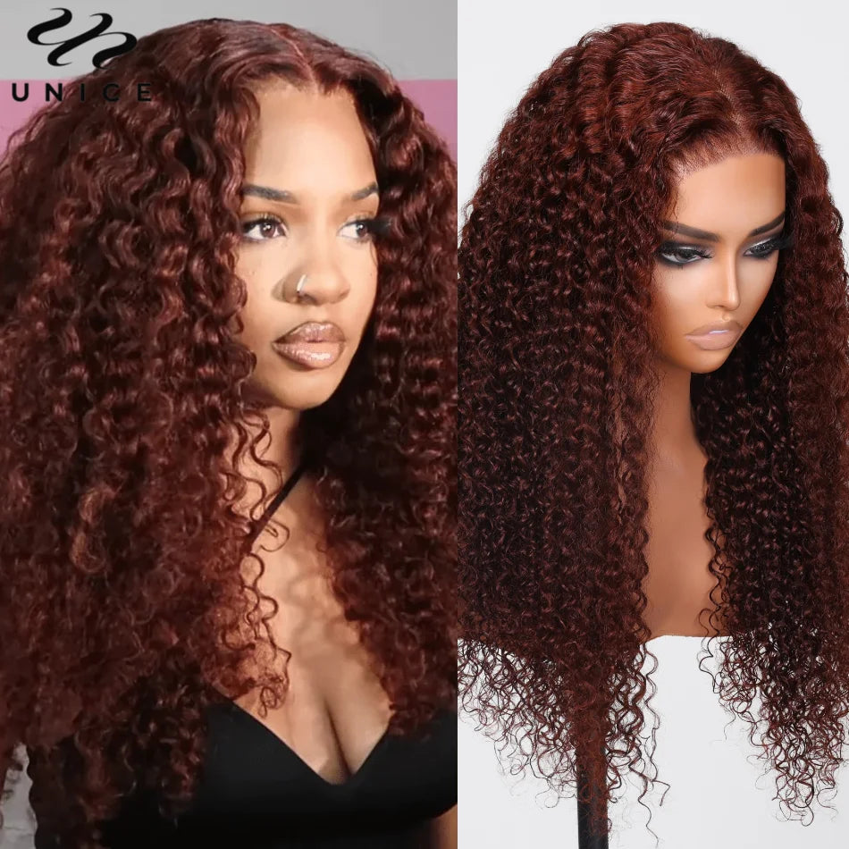 UNice Hair 7x5 Bye Bye Knots Wig Human Hair Reddish Brown Curly Lace Wig Wear Go Glueless Wig Pre Cut Bleached Lace Closure Wig
