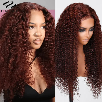 UNice Hair 7x5 Bye Bye Knots Wig Human Hair Reddish Brown Curly Lace Wig Wear Go Glueless Wig Pre Cut Bleached Lace Closure Wig