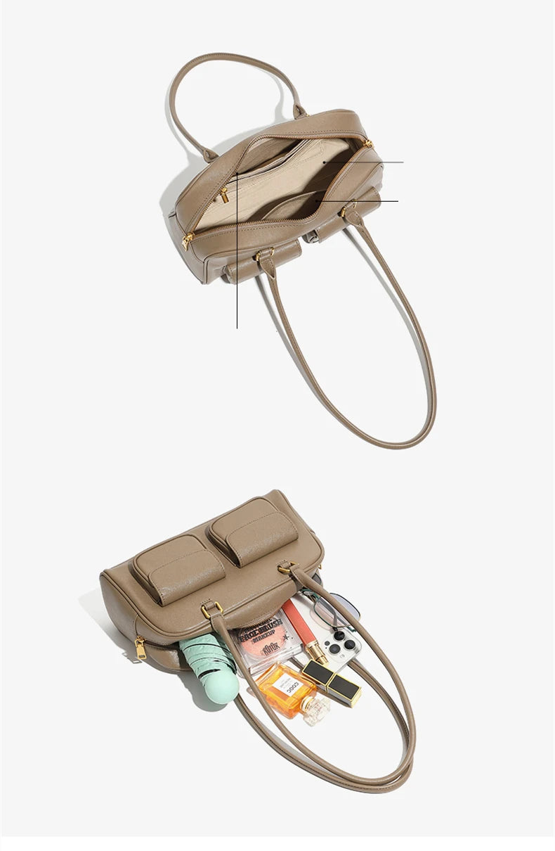 Burminsa Cowhide Genuine Leather Underarm Shoulder Bags For Women 2025 Luxury Designer Korean Bowling Tote Work Ladies Handbags