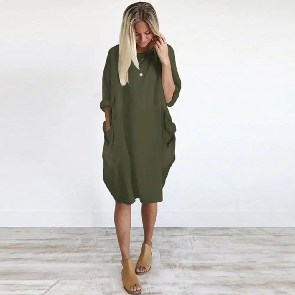 Women Casual Loose Dress with Pocket Fashion Ladies Solid Dress Women's O Neck Long Tops T Shirt Dress Streetwear Plus Size