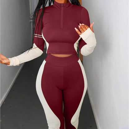 Y2K Color Matching Women'S Set Sweatsuit Two Piece Outfits Ladies' Standing Collar Sports Suit Slim Fit Long Sleeved Long Pants Badiee Stylez