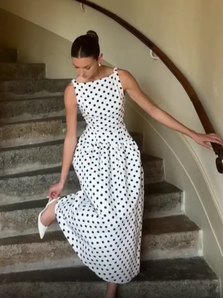 Fashion Polka Solid Slim Vestido Lady Elegant Chic Sleeveless Off Shoulder Pleat Square Neck Maxi Dress Summer Dinner Party Wear