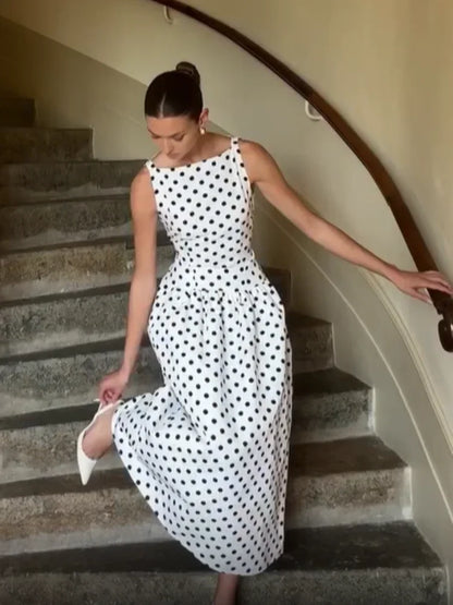 Fashion Polka Solid Slim Vestido Lady Elegant Chic Sleeveless Off Shoulder Pleat Square Neck Maxi Dress Summer Dinner Party Wear