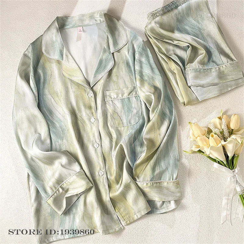 Women Long Sleeve Pajamas 2PCS Set Spring Summer New Sleepwear Loungewear Fashion Stripes Pyjama Pour Femme Loose Satin Homewear Green Pajamas 15