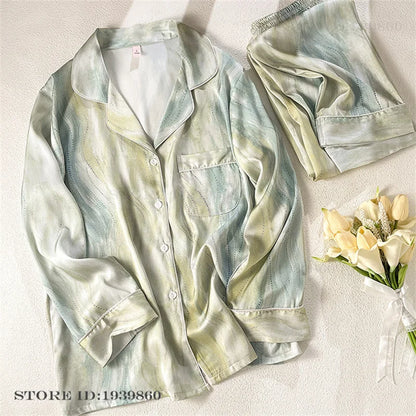 Women Long Sleeve Pajamas 2PCS Set Spring Summer New Sleepwear Loungewear Fashion Stripes Pyjama Pour Femme Loose Satin Homewear Green Pajamas 15