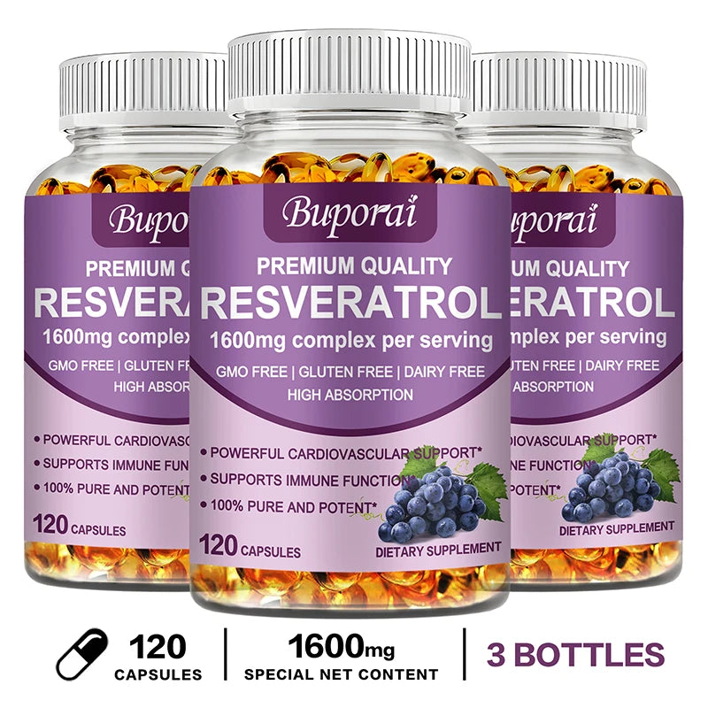 Resveratrol Capsules - Antioxidant Supplement for Heart and Cell Health, Supports Healthy Skin and Immune System 120 Capsule-3bottles