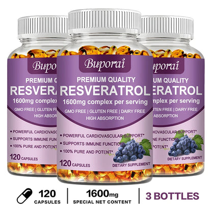 Resveratrol Capsules - Antioxidant Supplement for Heart and Cell Health, Supports Healthy Skin and Immune System 120 Capsule-3bottles