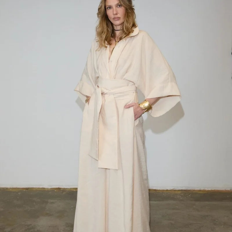 Linen Lace Up Women's Jumpsuit High V-neck Full Sleeve Top Loose Straight-leg Pants 2025 Summer Chic Female Casual Streetwear