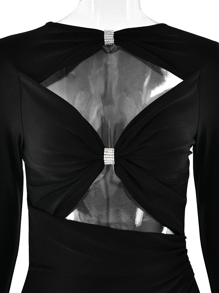 Articat Sexy Hollow Out Long Sleeved Elastic Tight Dress Women Pleats Double Layered Female Vestidos Elegant Party Evening Dress black