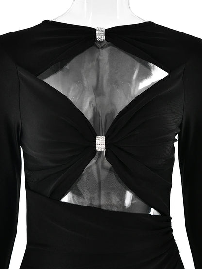 Articat Sexy Hollow Out Long Sleeved Elastic Tight Dress Women Pleats Double Layered Female Vestidos Elegant Party Evening Dress black